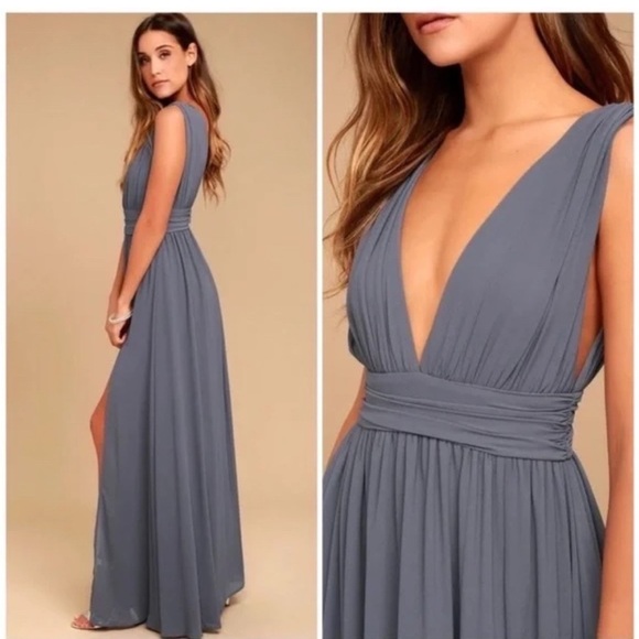 NEW, LULU’s formal maxi gown, leg slit, deep V neck, flowing chiffon dress - Picture 13 of 15